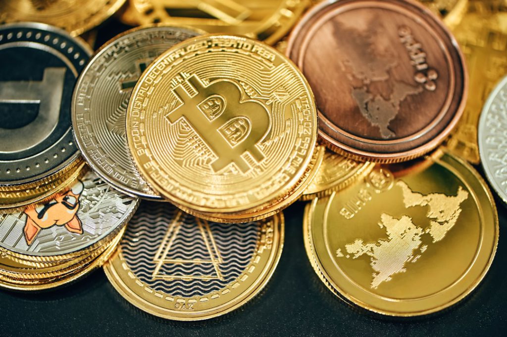 Cryptocurrency coins representing digital currency payment acceptance for Texas businesses